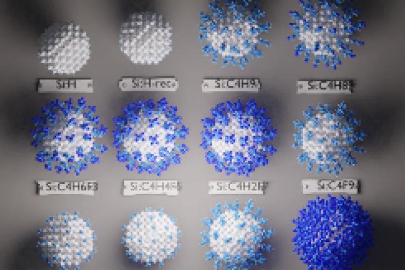Symmetric nanoparticle with its crystalline core made of 232 silicone atoms (2 nm diameter) 